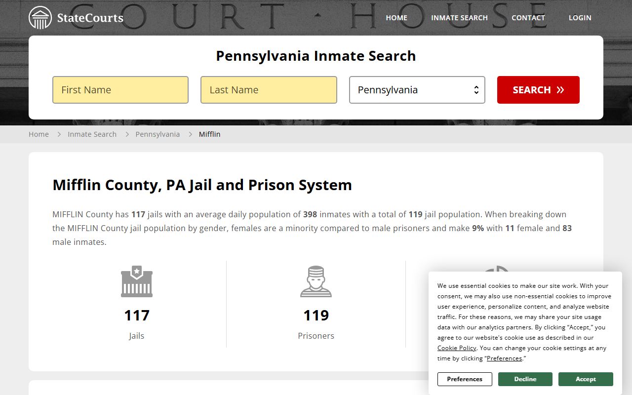 mifflin county booking releases and inmate search via statecourts.org