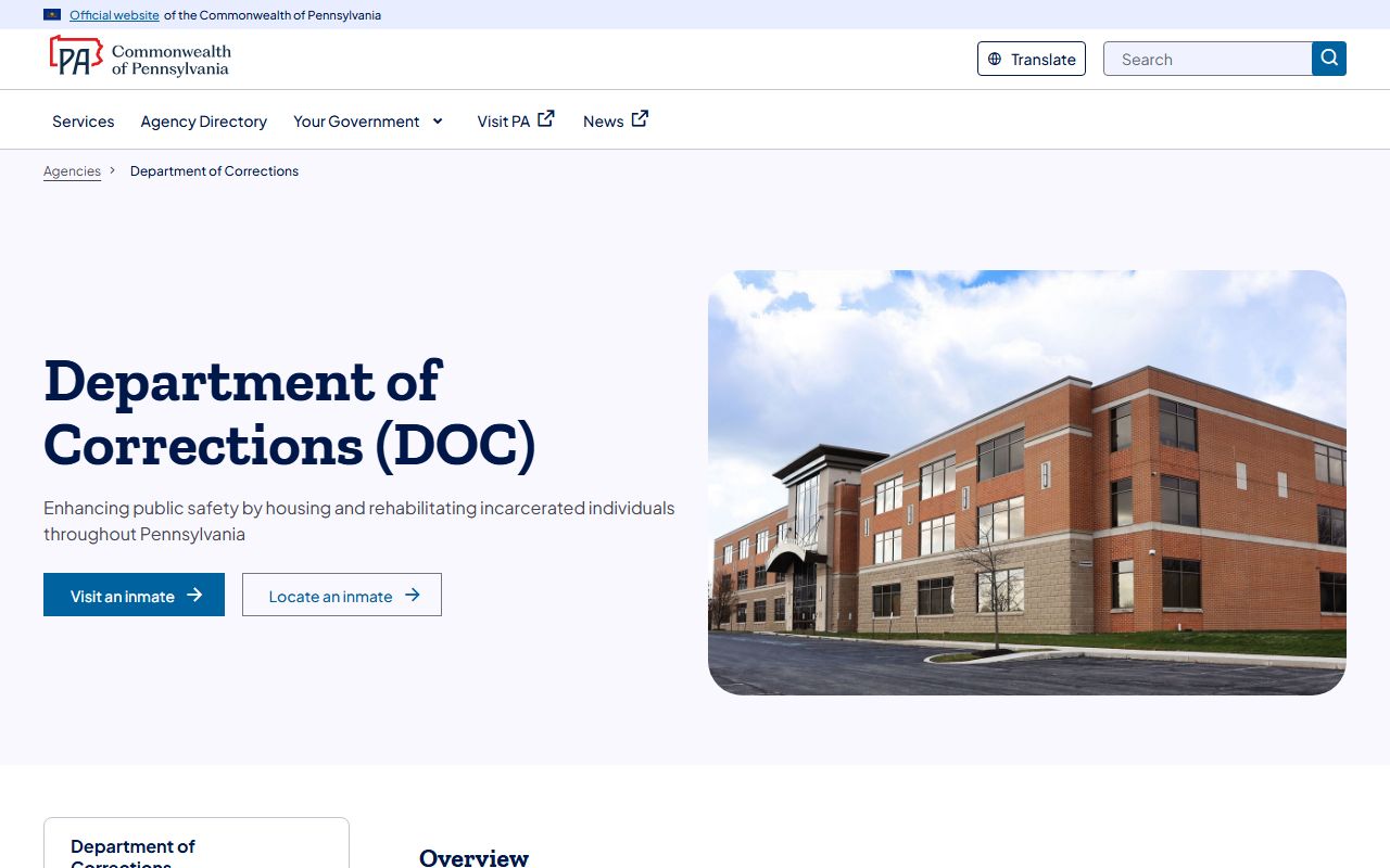 Pennsylvania booking releases Department of Corrections homepage and state inmate search
