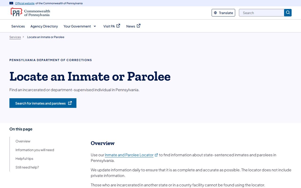 Pennsylvania booking releases inmate and parolee locator search tool on PA.gov